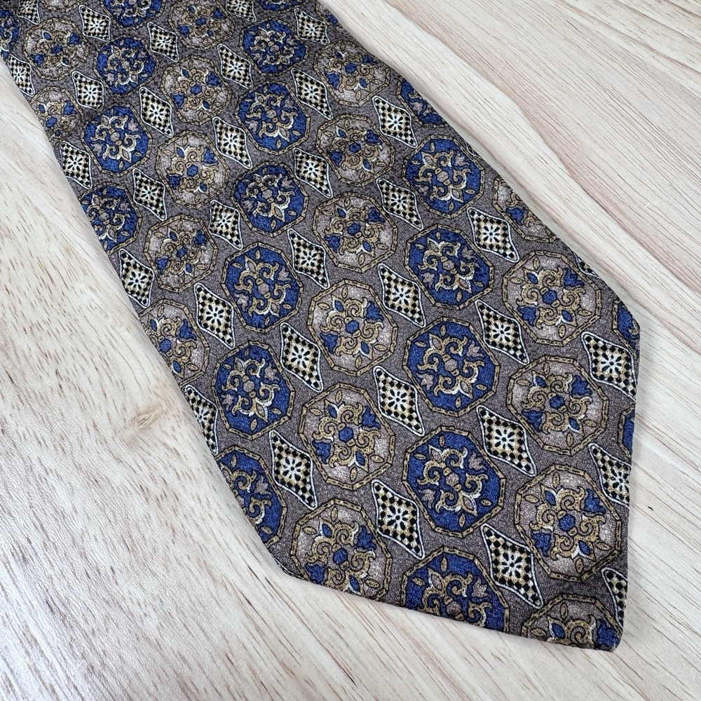 Valentino‎ Cravatte Tie Mens Necktie Silk Italy Geometric Medallion Blue Gold